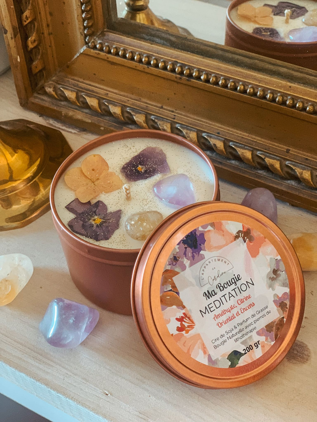 Bougie Méditation - Citrine, Améthyste, parfum Bois de Oud