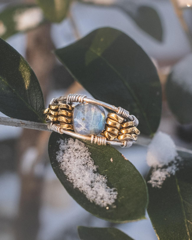 Bague N°7 Argent 925, Labradorite & Hématites Dorées - Anneau Double