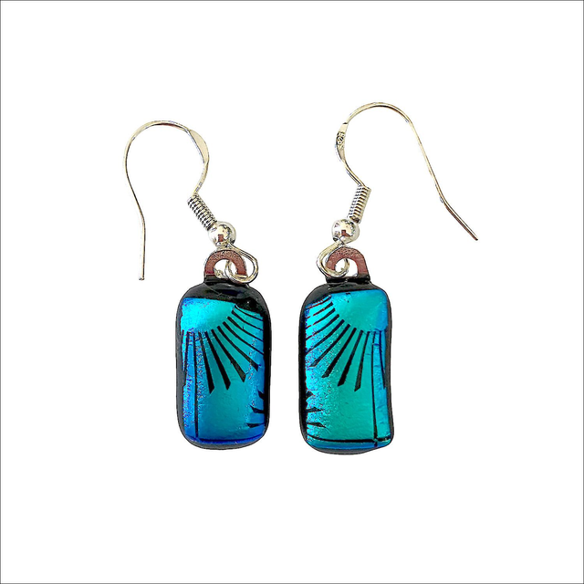 Drop earrings in a bright turquoise dichroic glass with black pattern on top (Ref EDS4)