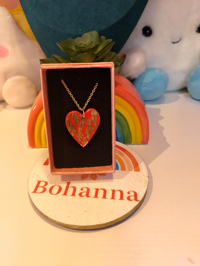 Handmade polymer Red &amp; Gold Foil Heart Necklace