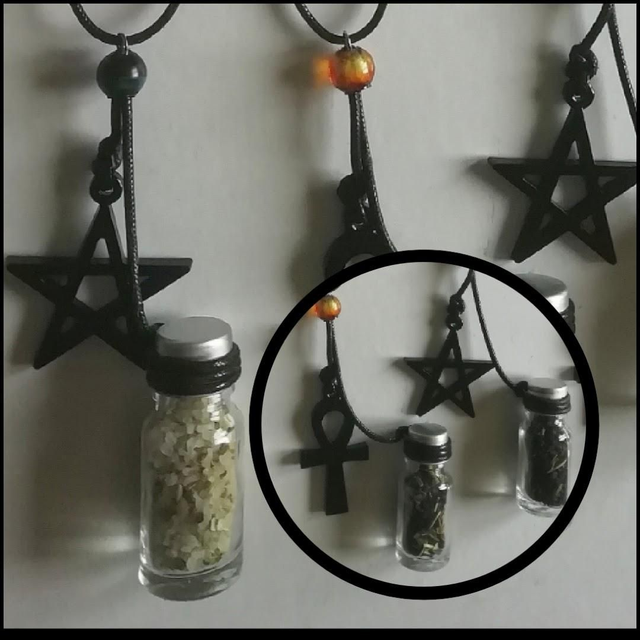 Collier long de protection, purification avec fiole de sel (blanc ou Black Lava), herbes et talisman