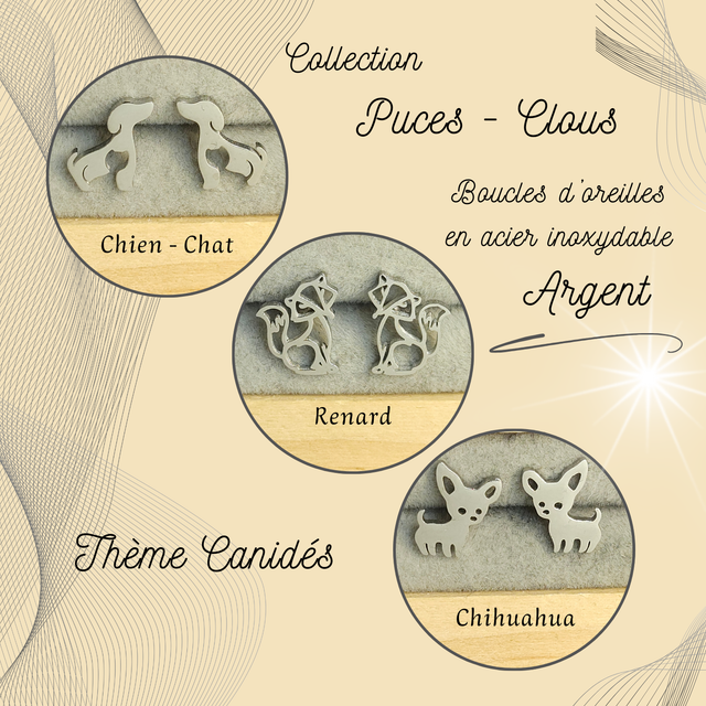 Clous d&#039;oreilles - Thème Canidés - Acier Argent
