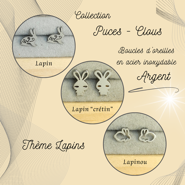 Clous d&#039;oreilles - Thème Lapins - Acier Argent