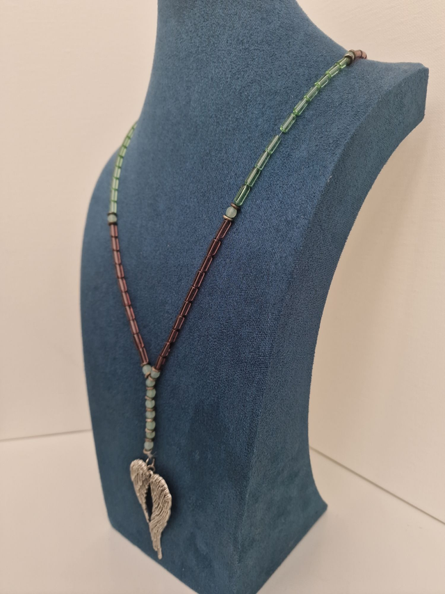 Parure Bijoux Perles De Verre Vert Prunes Ailes Argentées