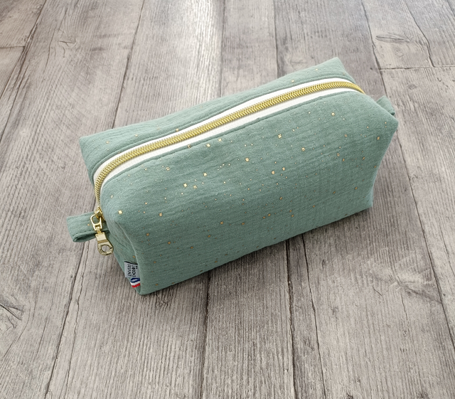 Trousse de maquillage en double gaze de coton flocage métallique