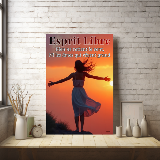 Affiche Poétique « Esprit Libre » - Poster Silhouette Féminine sur Falaise au Coucher du Soleil - Tableau Silhouette Féminine Vent et Soleil