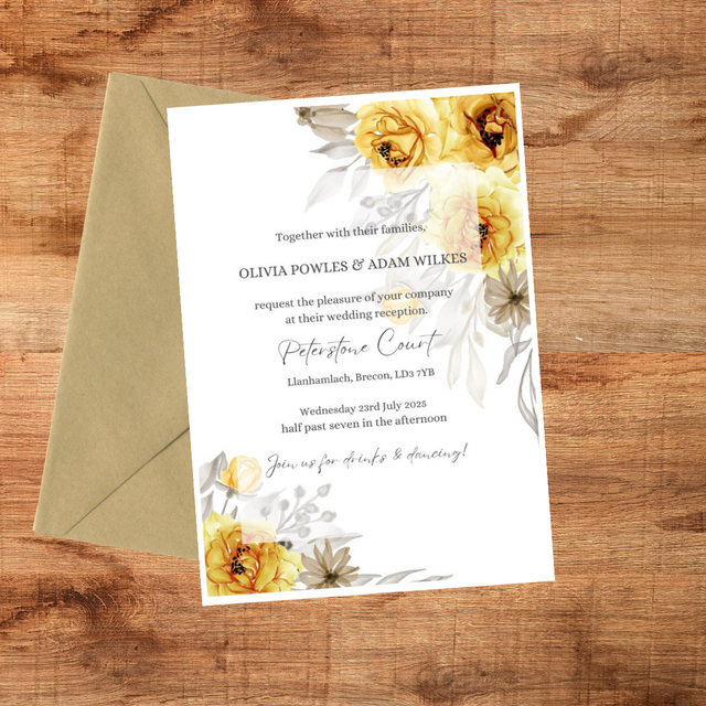 Pack of A6 evening invitations - yellow and grey/silver florals