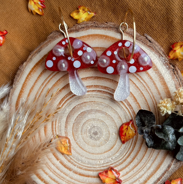Mushroom Hoop Earrings Fly Agaric Gold Plated