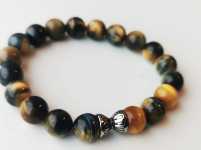 Bracelet Homme OEIL DE TIGRE bleu et jaune 10mm 