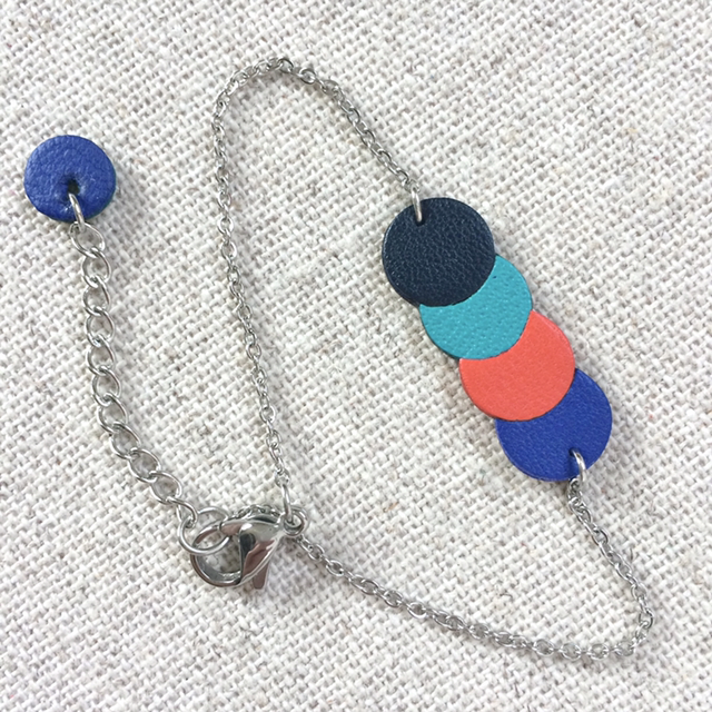 Bracelet « Quatuor » argenté, cuir Bleu roi/ Orange Vif/ Vert Tiffany /Bleu très foncé 