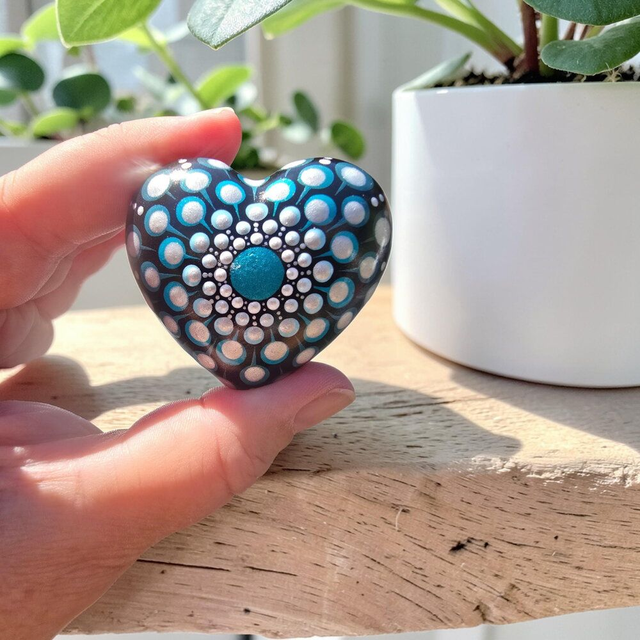 Petite pierre cœur mandala bleu métallisé &amp; blanc nacré – Peinte à la main