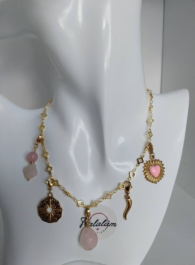 ✨Collier à breloques porte-bonheur &quot;quartz rose ❤️émail rose&quot;✨