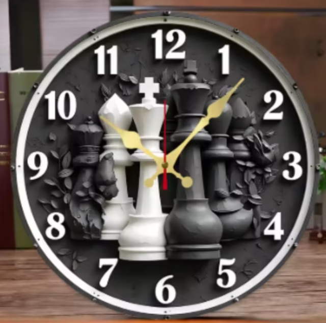 Ronde wandklok van hout Schaakstenen (25cm)