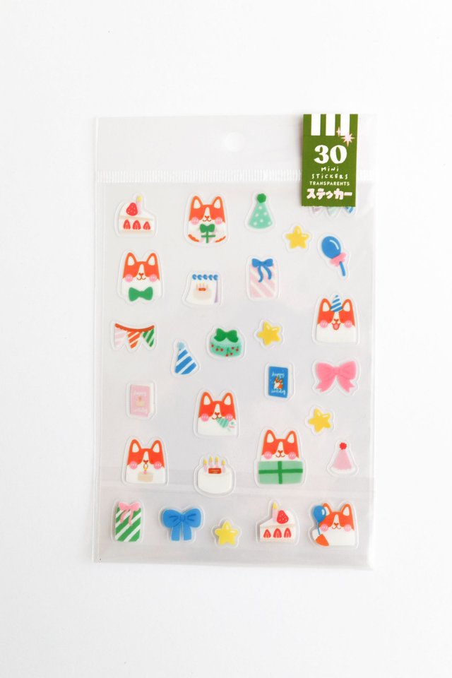  Planche de 30 mini stickers transparents Corgi anniversaire