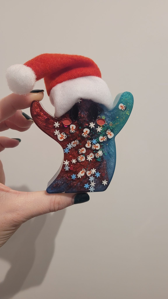 Christmas Ghost Ornament - with Santa Hat, Snowflakes & Snowmen – Red & Teal – Limited Edition Festive Shelf Decor