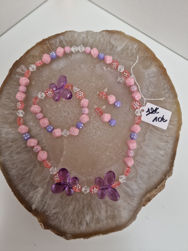 Parure Bijoux Papillons Dés Perles Roses Violets