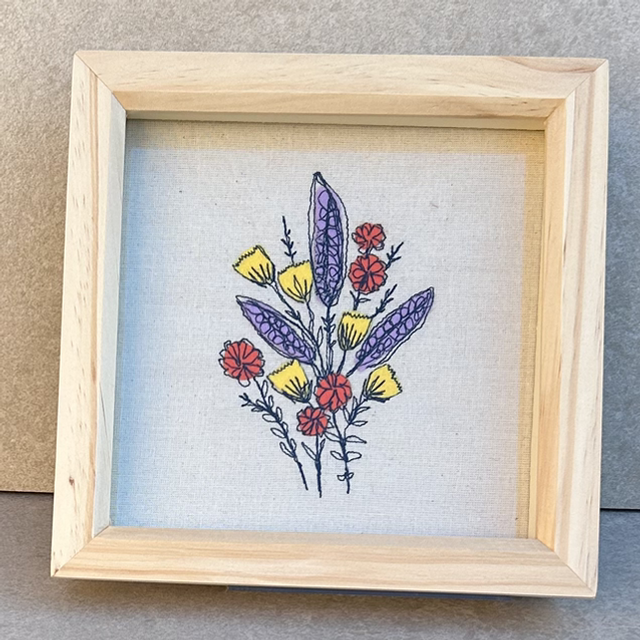 Free motion embroidery wall mounted picture - lilac, yellow and orange with frame