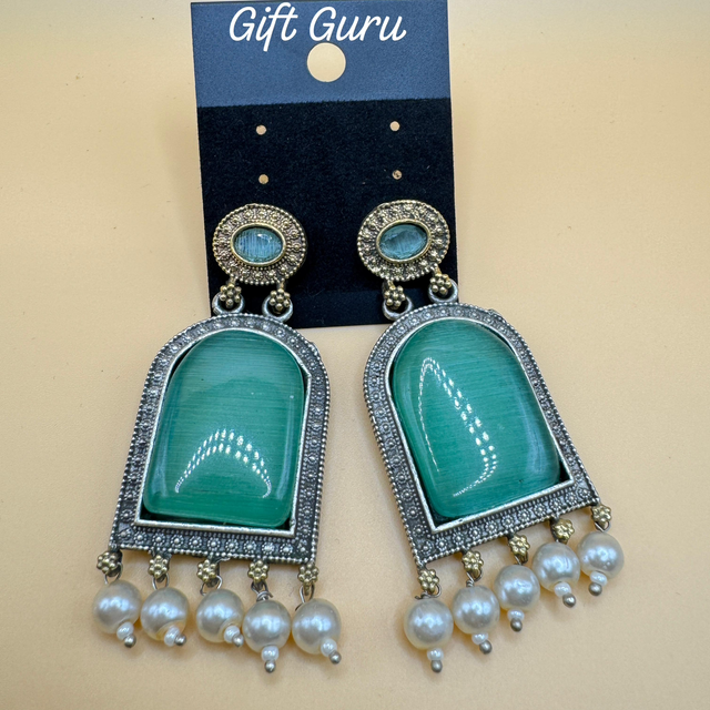 Green stone Oxidised Ear rings 