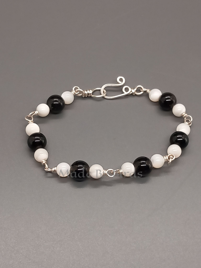 Silver Sheen Obsidian &amp; Mother Of Pearl Bead Sterling Silver Bracelet 