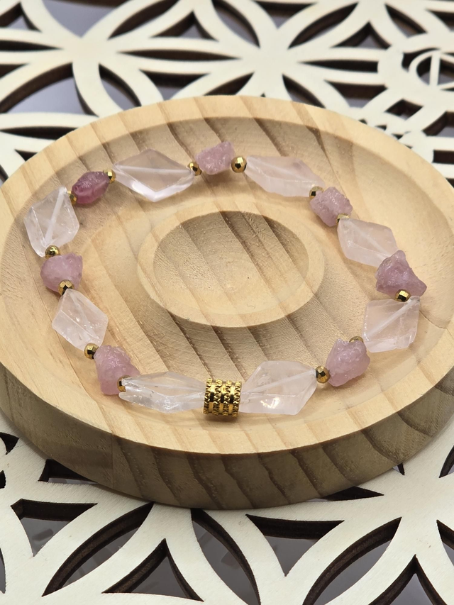 Bracelet Quartz rose losange et Tourmaline brute 