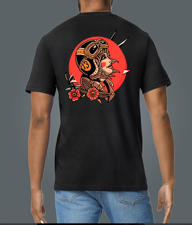 Traditional Tattoo Style Biker Girl Black Soft Spun Patterned T-Shirt