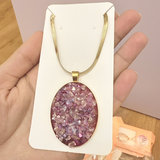 Crushed glass and pink resin necklace 