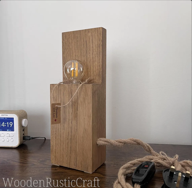 Rustic Oak Farmhouse Lamp with Jute Cord