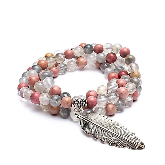 Mala Rhodonite/ Quartz gris + plume 108 perles