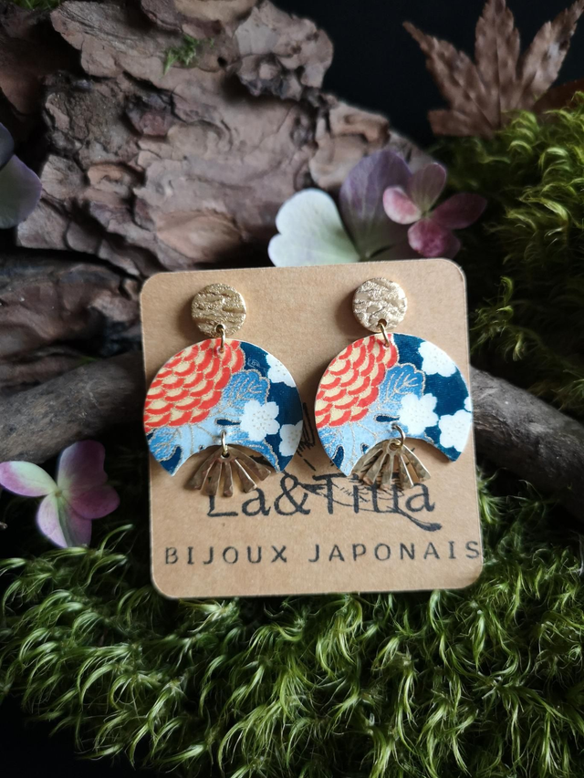 Boucles d'oreilles - puces - papier washi - fleurs - éventail - laiton - La&amp;Titia 