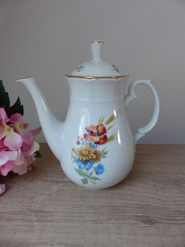 Ancienne Cafetière Vintage en Porcelaine Thun – Fabriquée en Tchécoslovaquie – Décor Floral Bohème Bleu Jaune Orange – Déco Romantique Cosy