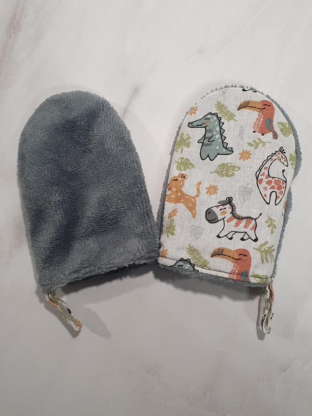 Gant de toilette enfant animaux gris