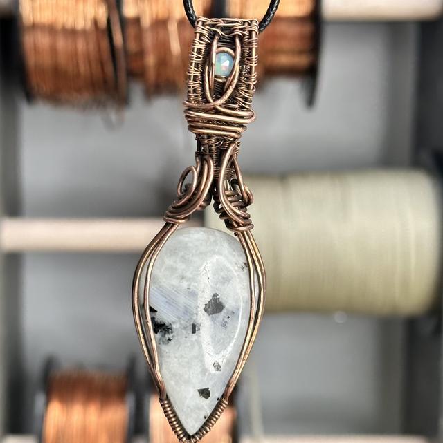 Rainbow moonstone pure copper wrapped pendant 