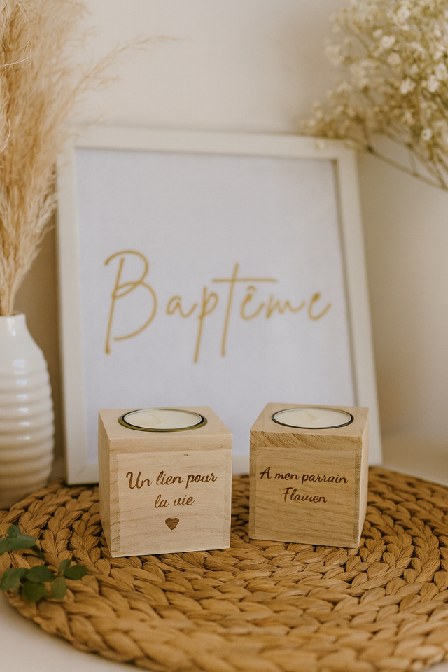 🕯 Bougeoir en bois personnalisé – Cadeau de baptême parrain/marraine