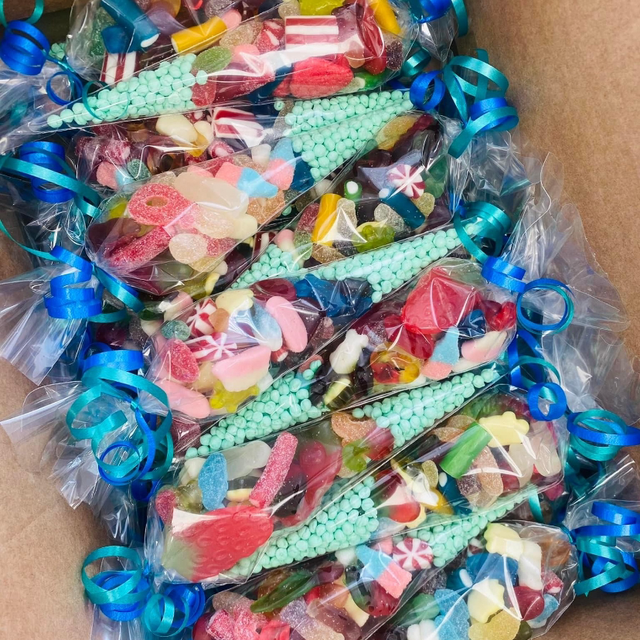 Sweet cones Green  with blue ribbon