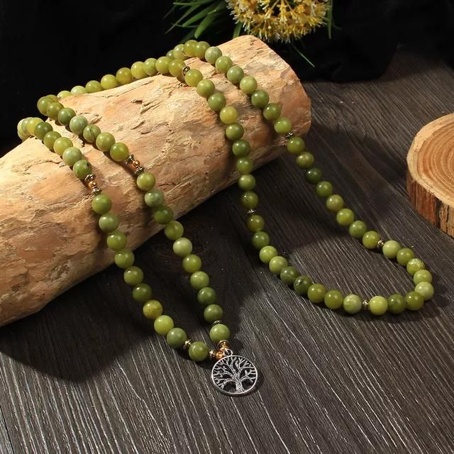 Mala Groen met Levensboom| Ketting | 108 Agaat kralen| Edelsteen | Meditatie Yoga