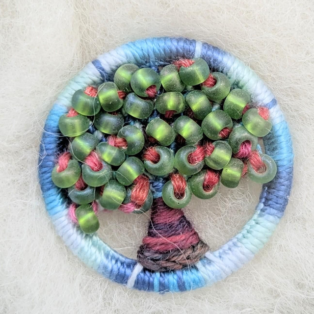 Dorset Button Tree Brooch Green Beaded 