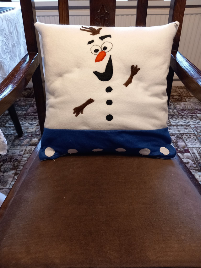 Snow man with blue border Cushion Cover