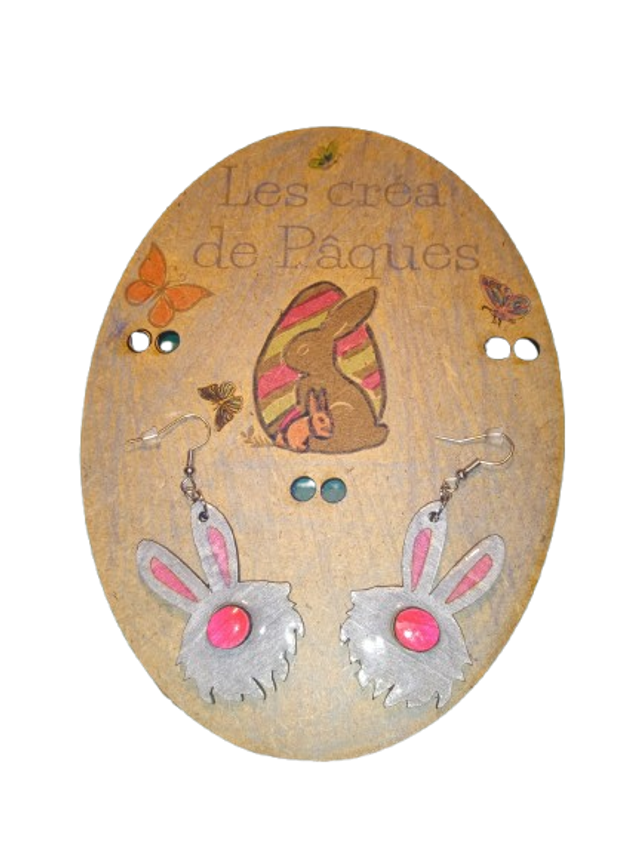 Boucles d’Oreilles Pâques  lapin gnome – Bois et Résine Peints à la Main, Atelier Sarthe, Attache Acier Inoxydable