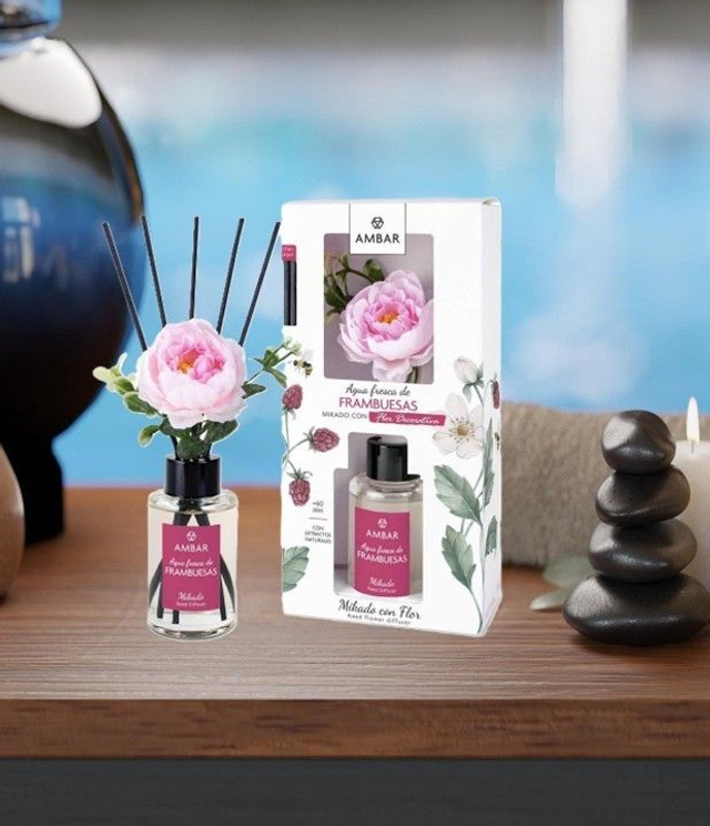 Mikado avec fleur Ambar " Framboise "