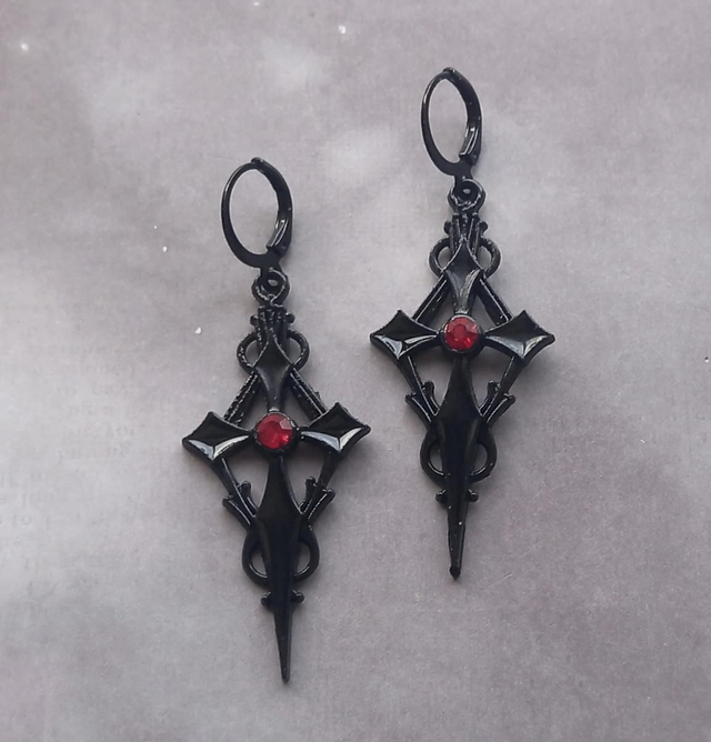Black Vampire Cross Earrings with Red Stones 