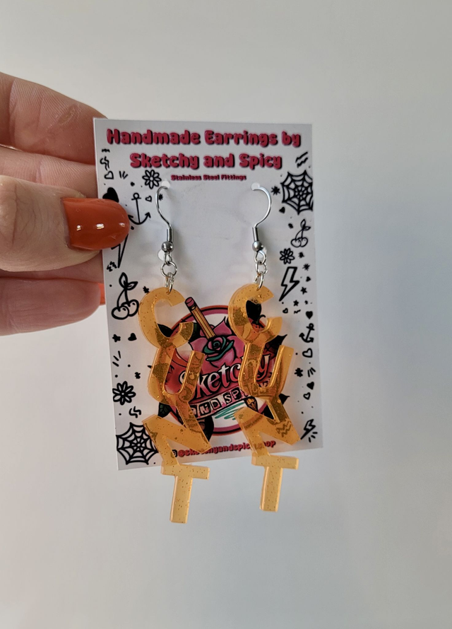 Earrings- Orange Glitter CUNT Swear Earrings | Stainless Steel Shepherd Hooks