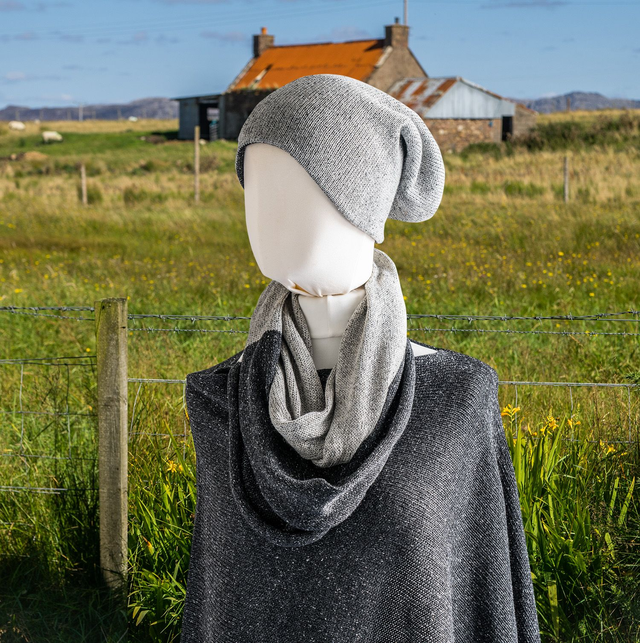 Highland Merino Silk Infinity Scarf Black and Silver Tweed. Scarves.
