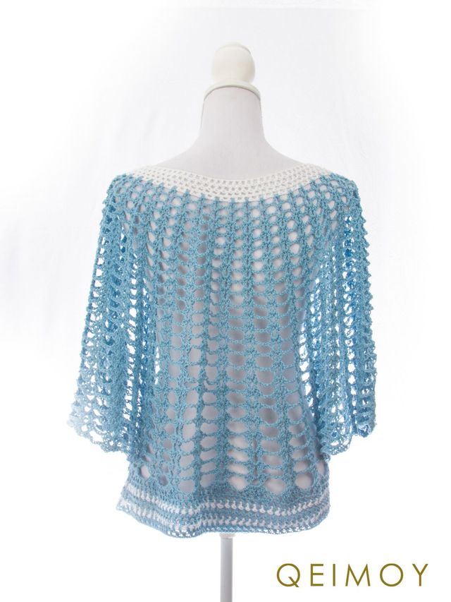 Gehaakt lichtblauw zomertruitje - handgemaakt, tuniek, dameskleding, open structuur, strandkleding