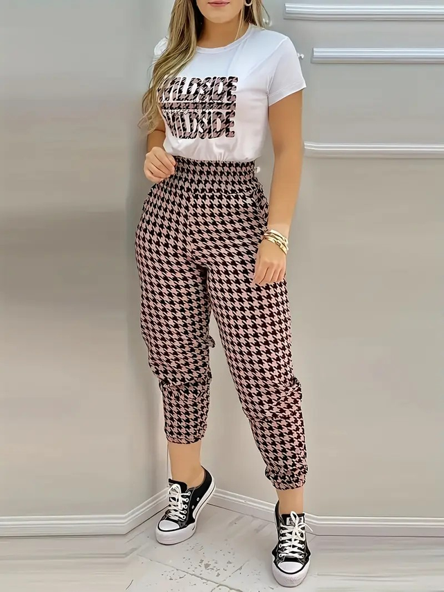 Women's Thousand Birds Grid Letter Print Short Sleeve Top and Pants Set