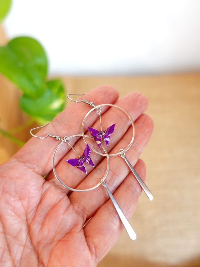 Origami Papillon / INOX / Papier japonais washi / Violet, argent / Créoles, anneaux /Bijou japonais origami / Boucles d'oreilles /
