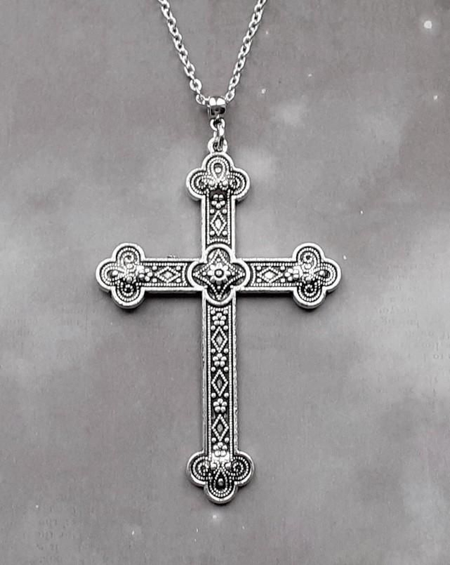 Large Patterned Metal Cross Necklace 