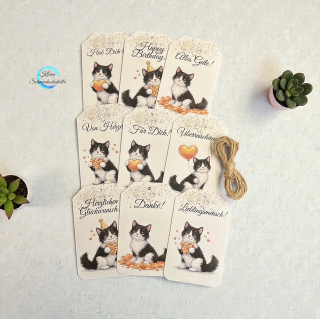Katze Schwarz / weiß, 9-teiliges Geschenkanhänger-Set mit verschiedenen Motiven