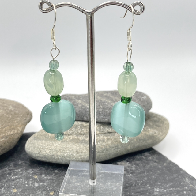 Beaded Sterling Silver Drop Earrings in green tones, handmade