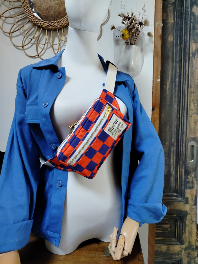 Sac banane Pockette damier bleu et rouge orange 