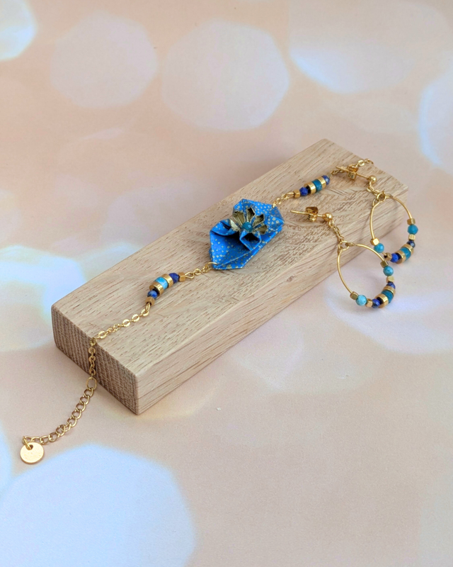 Nymphéa -Bleu apatite- Bracelet + BO perles